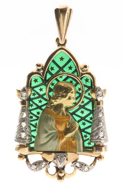 Lot 223 - A Continental diamond and plique-à-jour enamel Virgin Mary Immaculate Conception pendant