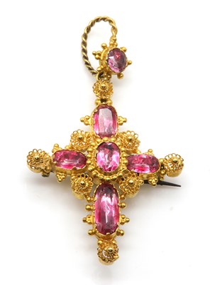 Lot 26 - A cased Regency foiled pink topaz cannetille cross pendant/brooch
