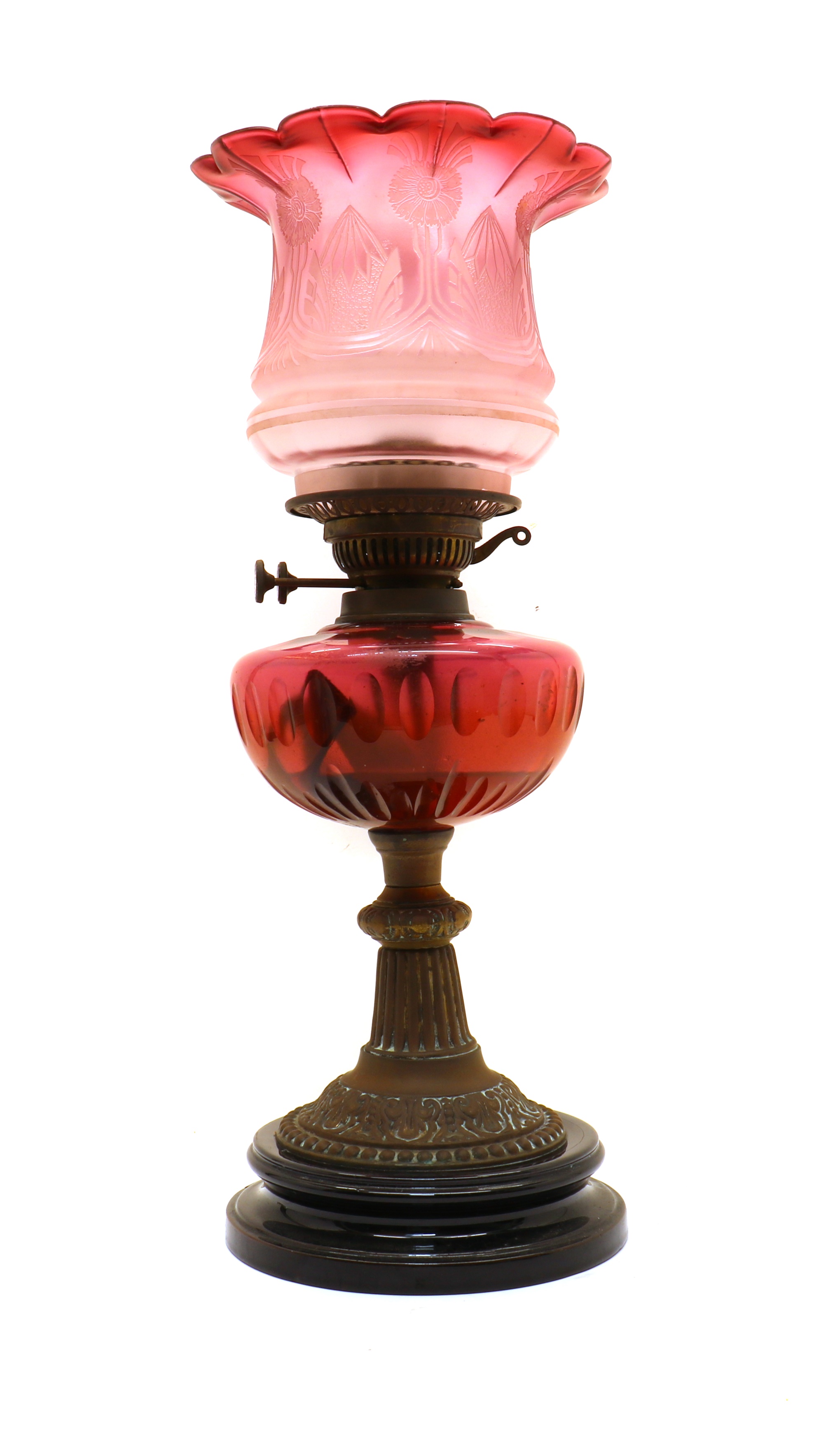 Lot 223 A Victorian cranberry glass oil lamp