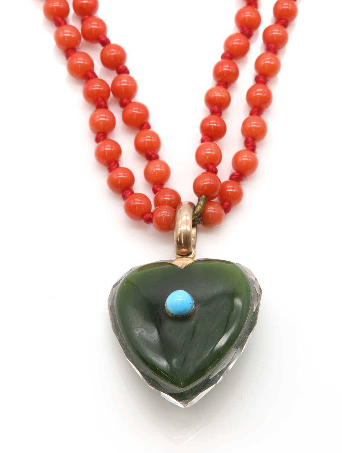 Lot 67 - A late Victorian coral, nephrite, rock crystal and turquoise necklace