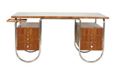 Lot 99 - An Art Deco-style walnut and chrome pedestal desk