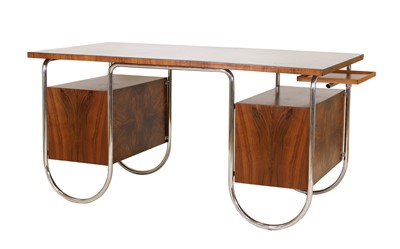 Lot 99 - An Art Deco-style walnut and chrome pedestal desk