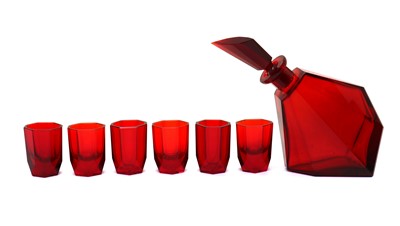 Lot 204 - An Art Deco cranberry glass liqueur set