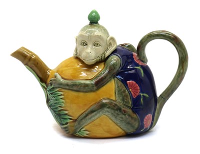 Lot 161 - A Minton Majolica monkey teapot and cover
