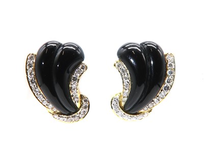 Lot 342 - A pair of onyx and diamond gold scroll or wave earrings