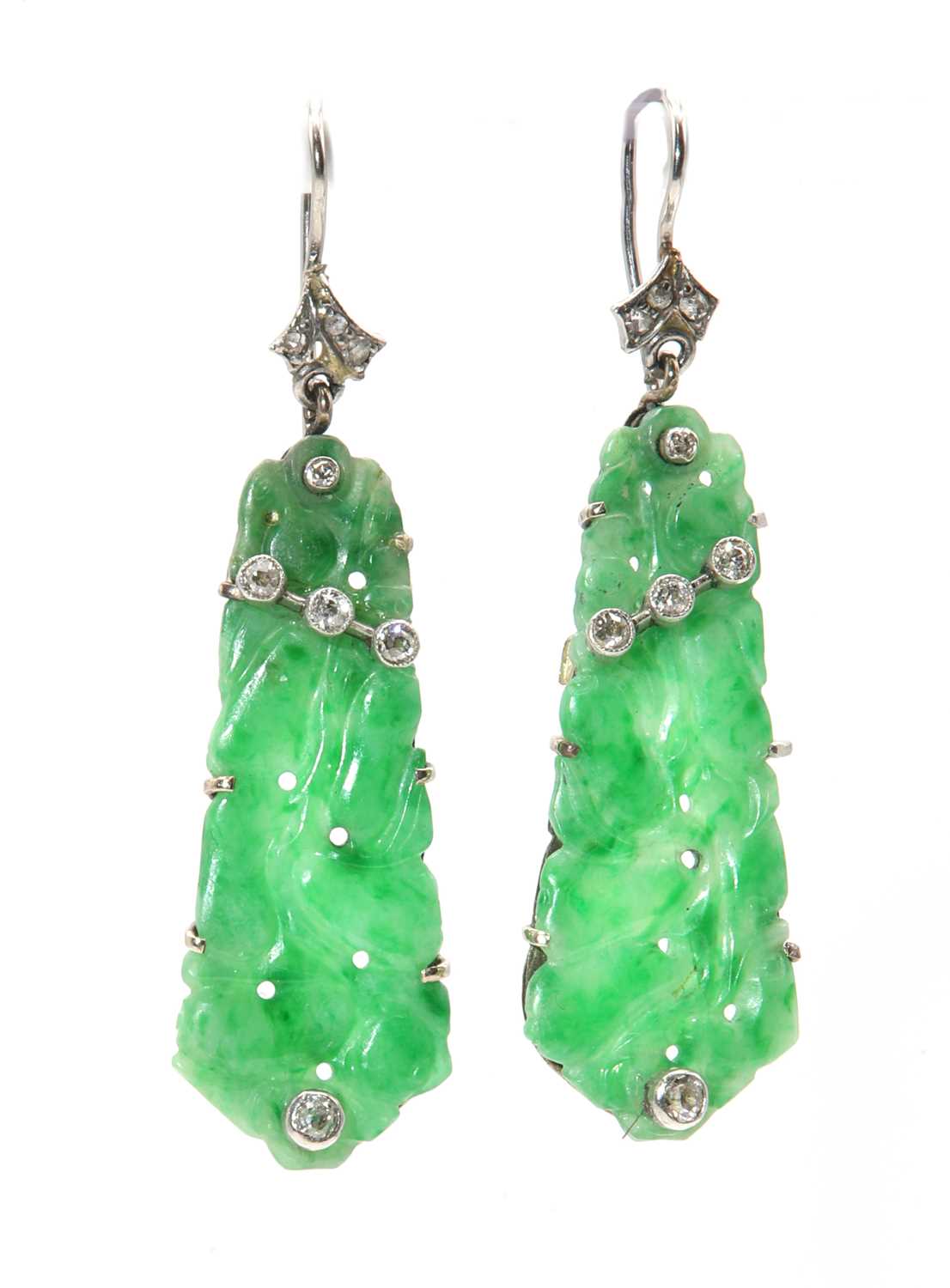 Lot 175 - A pair of Art Deco jade and diamond drop earrings