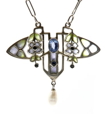 Lot 140 - A French Art Nouveau silver freshwater pearl and plique-à-jour enamel necklace, c.1905