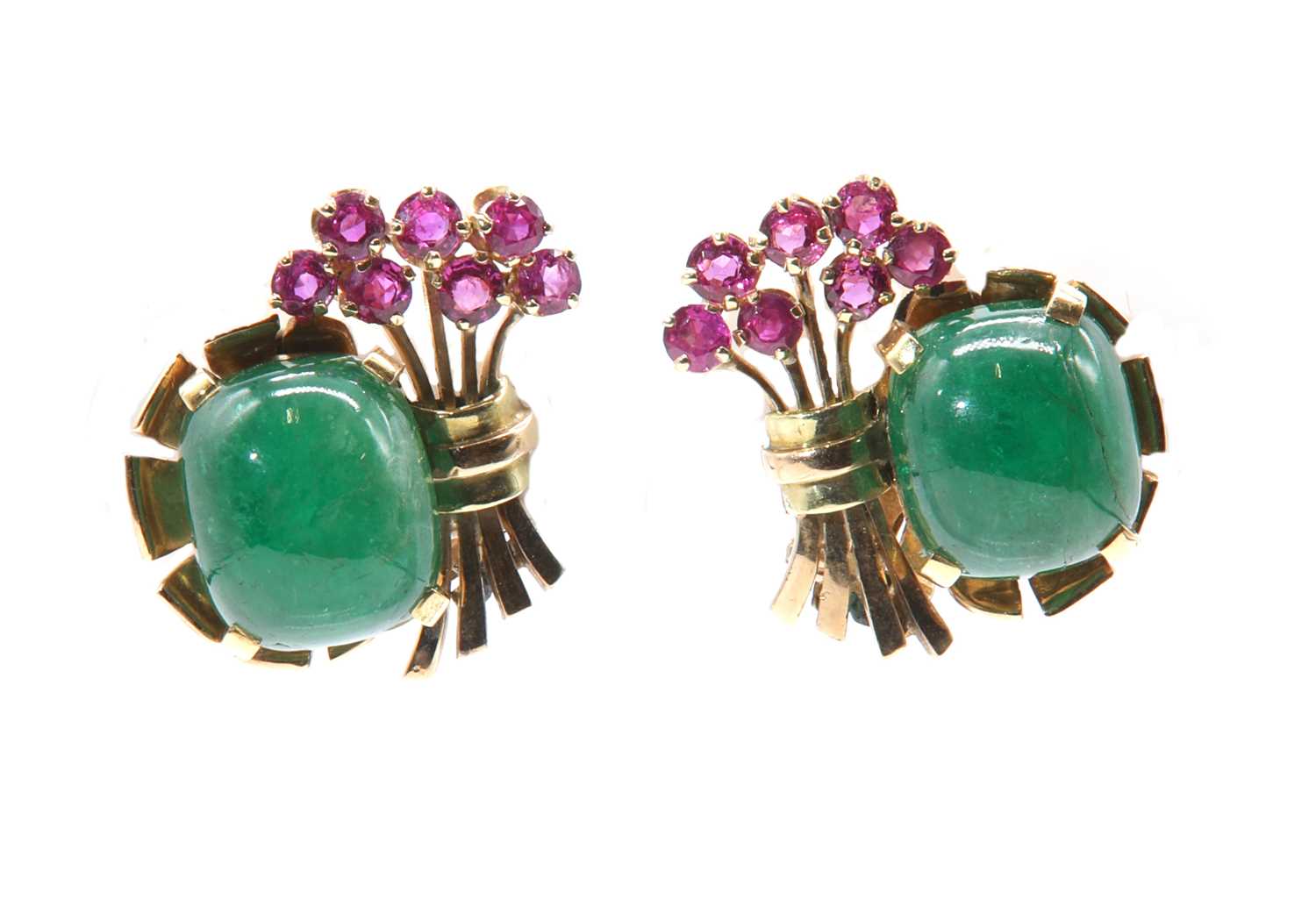 Lot 197 - A pair of cabochon emerald and ruby spray earrings, c.1940