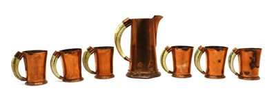 Lot 256 - A set of six boar tusk handled copper tankards