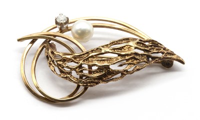 Lot 82 - A 9ct gold diamond and cultured pearl spray brooch