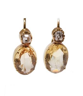 Lot 197 - A pair of gold citrine and diamond earrings