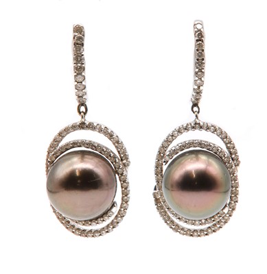 Lot 239 - A pair of Continental Tahitian cultured pearl and diamond drop earrings