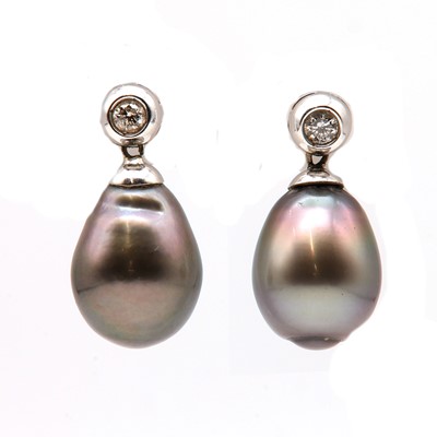 Lot 240 - A pair of diamond and pear shaped semi baroque Tahitian cultured pearl drop earrings