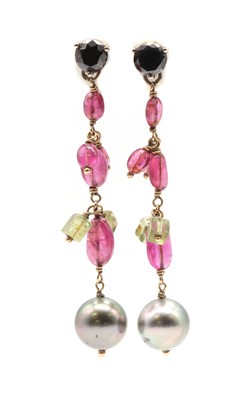 Lot 329 - A pair of white gold multi-gem set drop earrings
