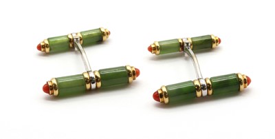 Lot A pair of two colour gold nephrite jade and coral cufflinks, by van Laack