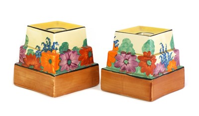 Lot 133 - A pair of Clarice Cliff 'Gayday' ziggurat candleholders