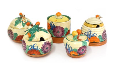 Lot 135 - A collection of five Clarice Cliff 'Gayday' preserve pots