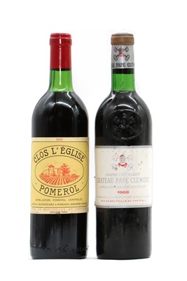 Lot 126 - Chateau Pape Clement, Grand Cru Classe, 1968 (1) together with Clos L'Eglise, Pomerol, 1983 (1)