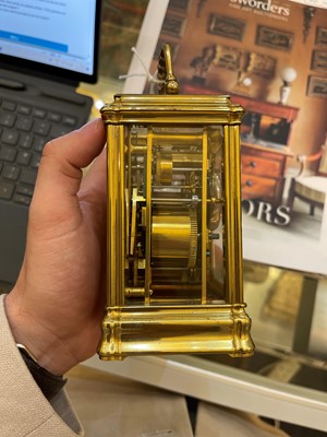 Lot 324 - A gilt-brass gorge-cased petite sonnerie carriage clock