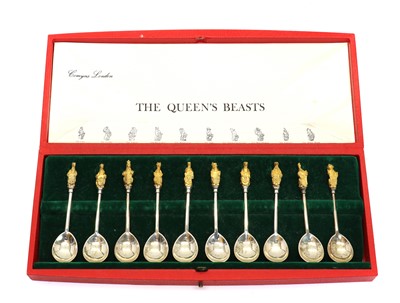 Lot 27 - A cased set of ten silver 'Queen's Beasts' spoons