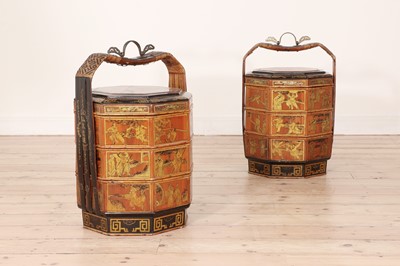 Lot 6 - A pair of red-lacquered and gilt bamboo food carriers