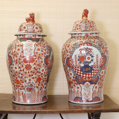 Lot 177 - A pair of large Japanese Imari vases and covers