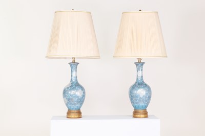 Lot 121 - A pair of painted porcelain bottle vase lamps