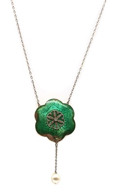 Lot 48 - An Edwardian silver and gold, diamond and enamel pendant