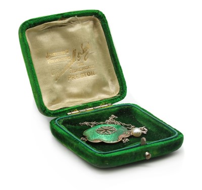 Lot 48 - An Edwardian silver and gold, diamond and enamel pendant