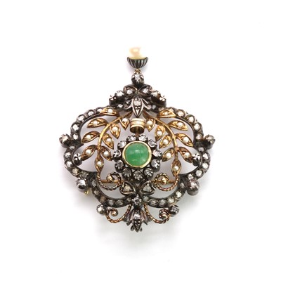 Lot 22 - A Portuguese silver and gold, emerald and diamond brooch pendant