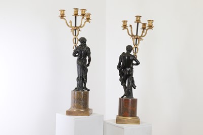 Lot 105 - A pair of gilt and patinated bronze candelabra