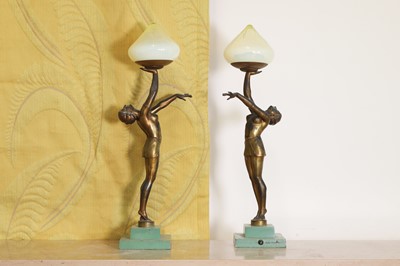 Lot 224 - A pair of Art Deco cold-painted spelter figural table lamps