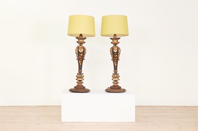 Lot 206 - A pair of painted altar candlestick table lamps
