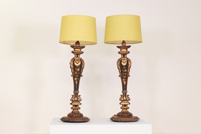 Lot 206 - A pair of painted altar candlestick table lamps