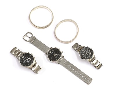 Lot 347 - Three gentlemen's stainless steel Emporio Armani quartz bracelet watches