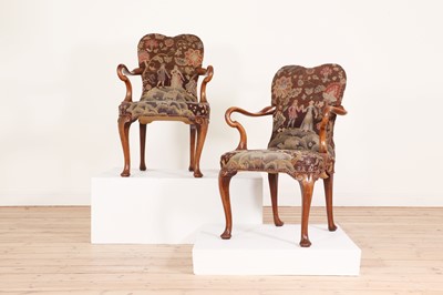 Lot 50 - A pair of Queen Anne-style walnut armchairs