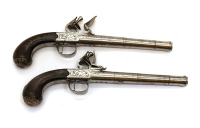 Lot 80 - A pair of flintlock boxlock cannon barrelled pistols by M Collins, Dublin