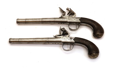 Lot 80 - A pair of flintlock boxlock cannon barrelled pistols by M Collins, Dublin