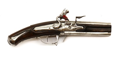 Lot 69 - A rare Continental 54 bore flintlock double barrelled Weder type turn-over pistol