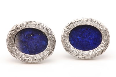 Lot 199 - A pair of 18ct white gold lapis lazuli cufflinks, by Roy C. King, c.1972