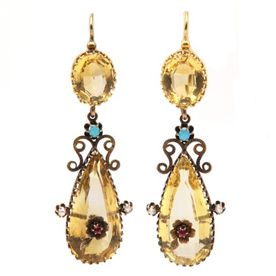 Lot 26 - A pair of Victorian citrine, turquoise, ruby, paste and split pearl drop earrings