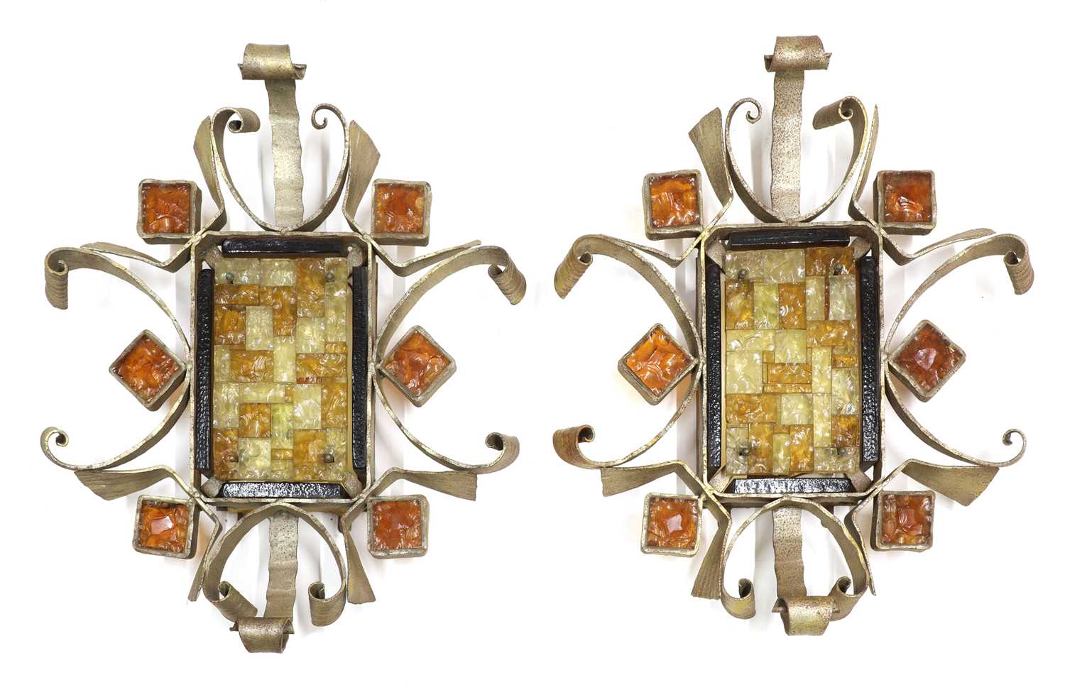 Lot 331 - A pair of iron and coloured glass wall lights