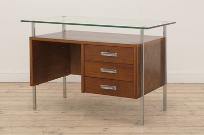 Lot 570 - A glass and parquetry veneered desk