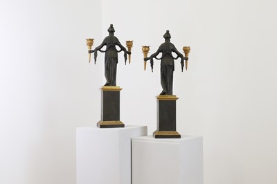 Lot 98 - A pair of Empire gilt and patinated bronze candelabra