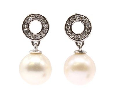 Lot 200 - A pair of white gold cultured freshwater pearl and diamond drop earrings