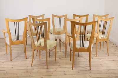 Lot 254 - A set of ten Italian sycamore harp-backed dining chairs