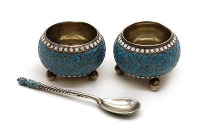 Lot 139 - A pair of Russian silver and enamel salts