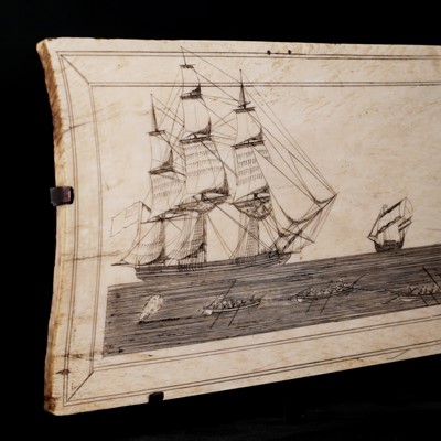 Lot 88 - A sailor's large scrimshaw pan-bone plaque