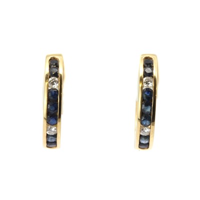 Lot 176 - A pair of 18ct gold sapphire and diamond hoop earrings