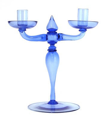 Lot 481 - A Murano blue glass twin candlestick
